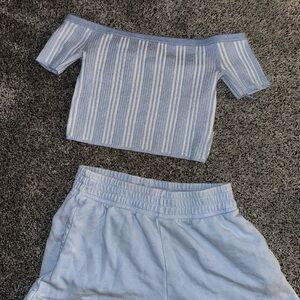 Baby blue Striped Off-Shoulder Top and Short 2 piece Set
